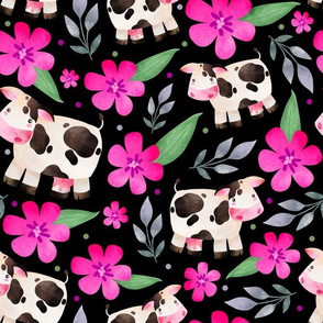 Large Scale Cows and Flowers on Black Background