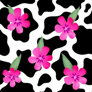 Large Scale Cow Print with Hot Pink Flowers