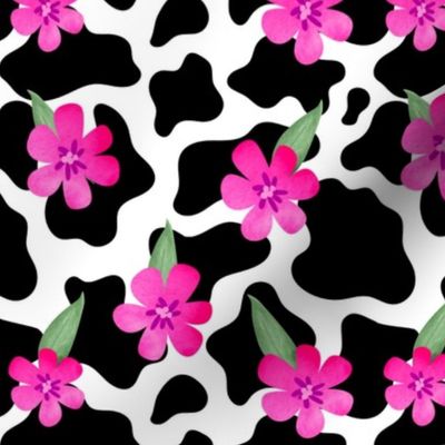 Medium Scale Cow Print with Hot Pink Flowers