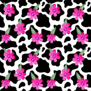 Medium Scale Cow Print with Hot Pink Flowers