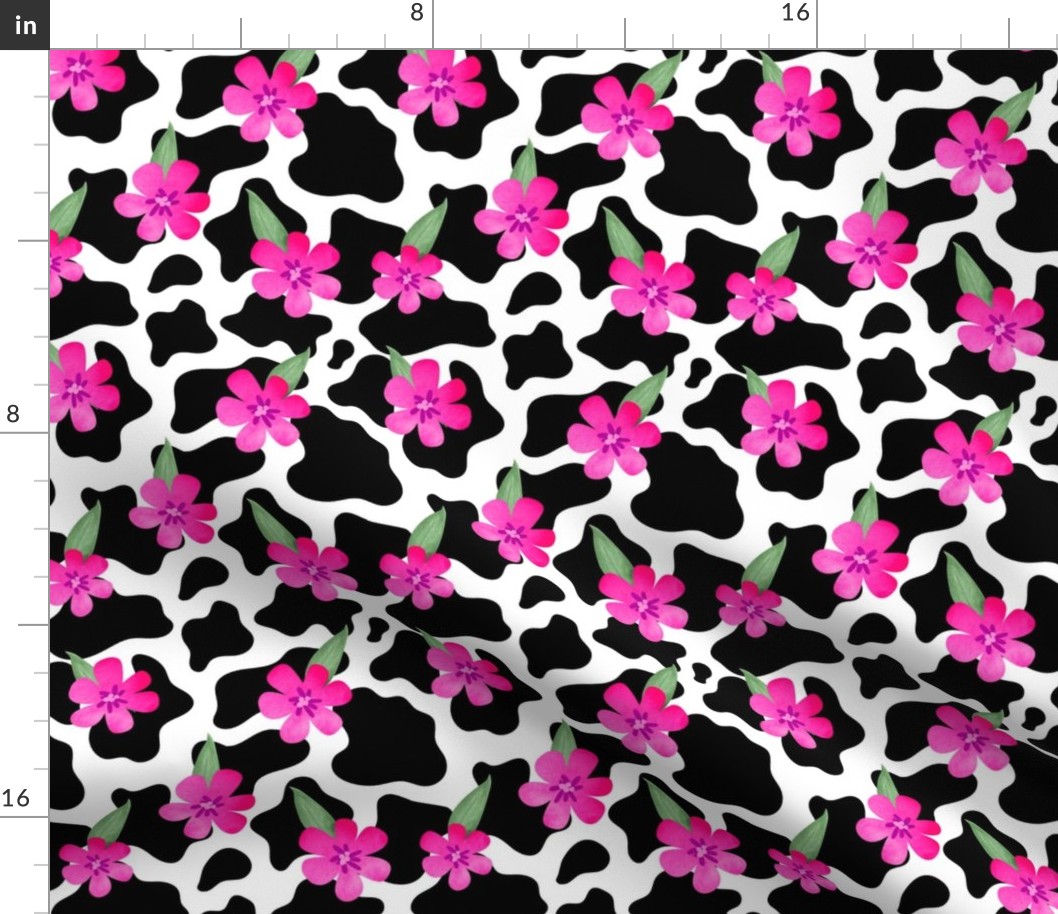 Medium Scale Cow Print with Hot Pink Flowers