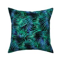 Night Tropical fern Watercolor Blue and Green on Black Large scale