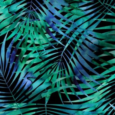 Night Tropical fern Watercolor Blue and Green on Black Large scale