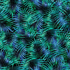 Night Tropical fern Watercolor Blue and Green on Black Large scale