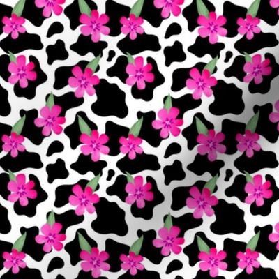 Small Scale Cow Print with Hot Pink Flowers