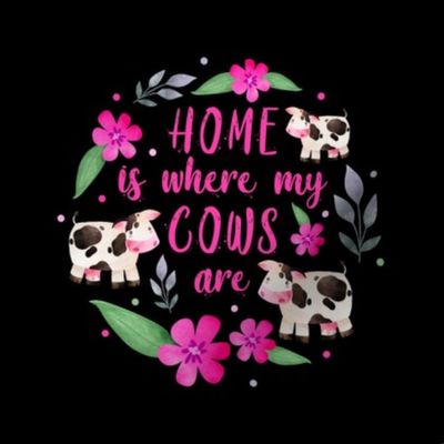 Home is Where My Cows Are 6 Inch Circle on 8x8 Square Swatch for Embroidery Hoop or Wall Art - DIY Pattern Kit Template - Black and White Cow on Black Background