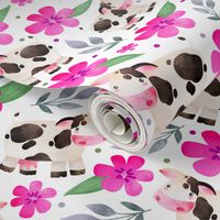 Large Scale - The Prettiest Farm - Cows and Flowers on White Background