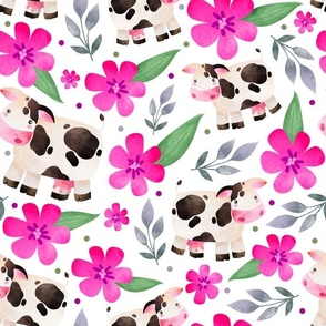 Large Scale - The Prettiest Farm - Cows and Flowers on White Background