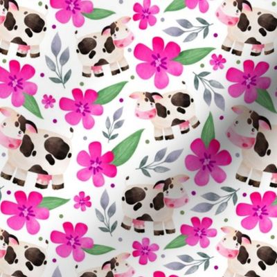 Medium Scale - The Prettiest Farm - Cows and Flowers on White Background