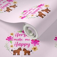 Horses Make Me Happy 6 Inch Circle on 8x8 Square Swatch for Embroidery Hoop or Wall Art - DIY Pattern Kit Template - Brown Horses on Pale Pink Background