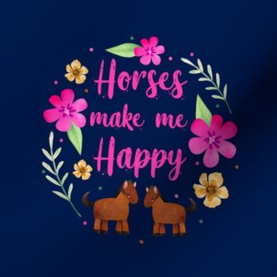 Horses Make Me Happy 6 Inch Circle on 8x8 Square Swatch for Embroidery Hoop or Wall Art - DIY Pattern Kit Template - Brown Horses on Navy Background
