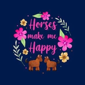 Horses Make Me Happy 6 Inch Circle on 8x8 Square Swatch for Embroidery Hoop or Wall Art - DIY Pattern Kit Template - Brown Horses on Navy Background