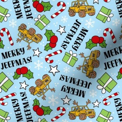 Large Scale Merry Jeepmas! Christmas 4x4 Off Road Vehicles Yellow on Blue