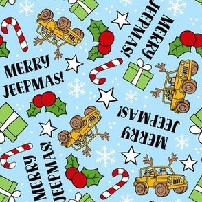 Large Scale Merry Jeepmas! Christmas 4x4 Off Road Vehicles Yellow on Blue