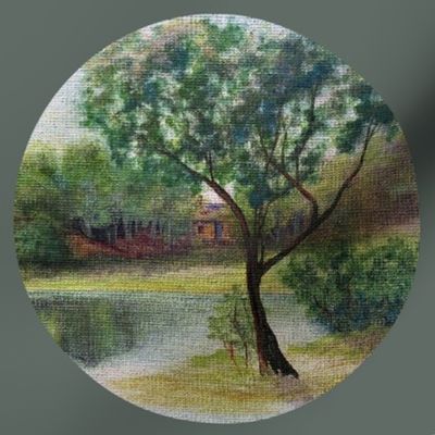 Vintage painting - Landscape Embroidery, lake, tree, water reflections