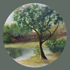 Vintage painting - Landscape Embroidery, lake, tree, water reflections