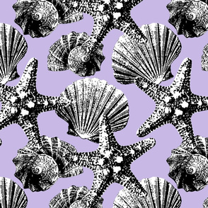 Seashells vintage graphic black white purple Wallpaper