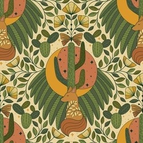Small scale magical desert fox, cactus and crescent moon in warm autumn green ora