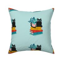 One more chapter // embroidery template // aqua background black cat striped mug with plants red teal and yellow books 