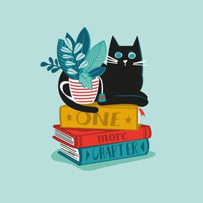 One more chapter // embroidery template // aqua background black cat striped mug with plants red teal and yellow books 