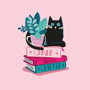 One more chapter // embroidery template // pastel pink background black cat striped mug with plants fuchsia pink teal and pink books 