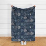 Sashiko Circles in Indigo Blue (xl scale) | Japanese stitch patterns on a dark blue linen patchwork, shibori linen, visible mending, block prints in navy blue and gray.
