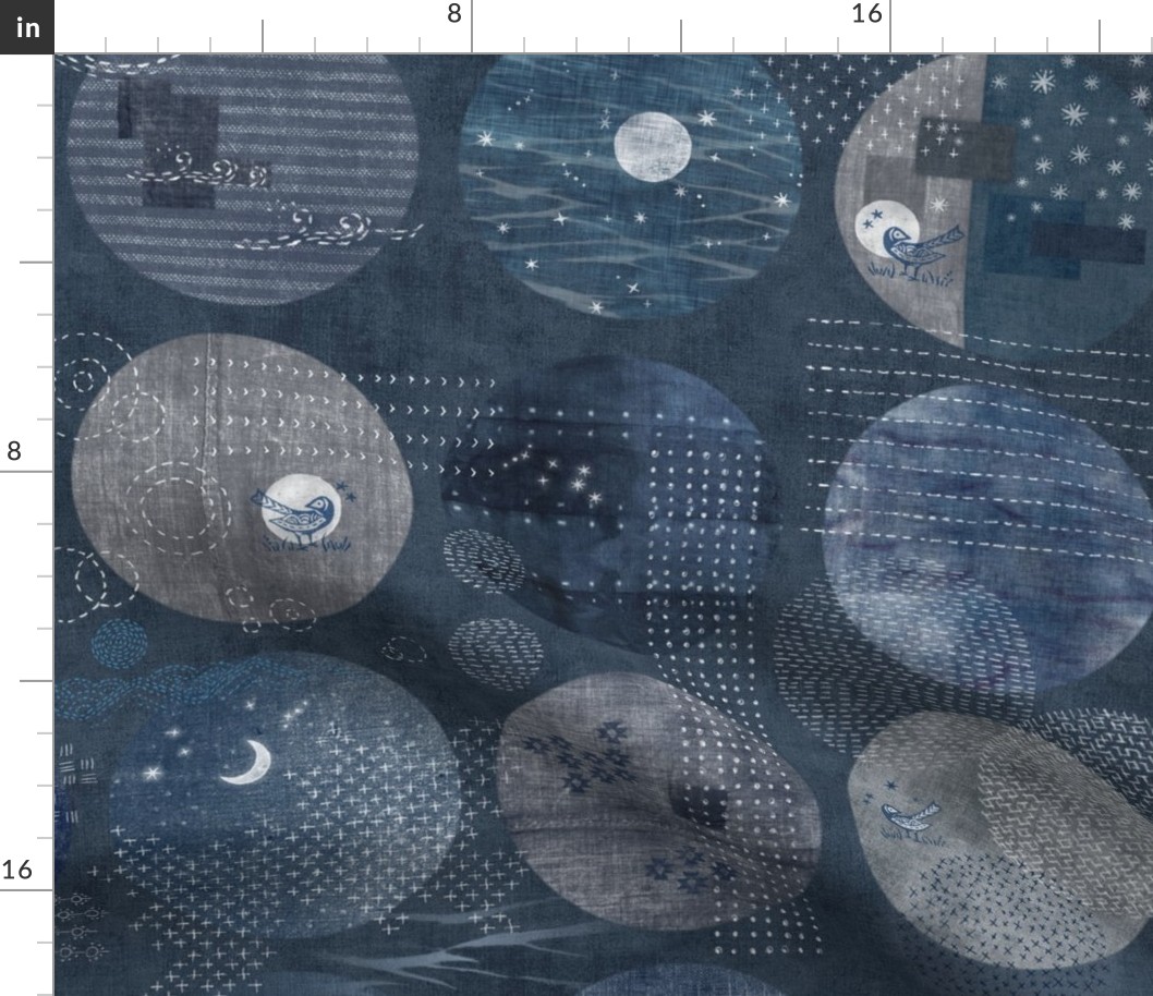 Sashiko Circles in Indigo Blue (xl scale) | Japanese stitch patterns on a dark blue linen patchwork, shibori linen, visible mending, block prints in navy blue and gray.