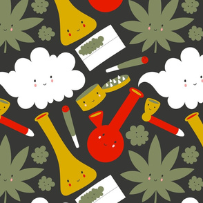 #198 Cute smoking tools and cannabis leaves on green background