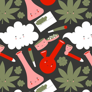 #197 Cute smoking tools and cannabis leaves on green background