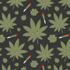 #195 Cute cannabis leaves and joints on green background