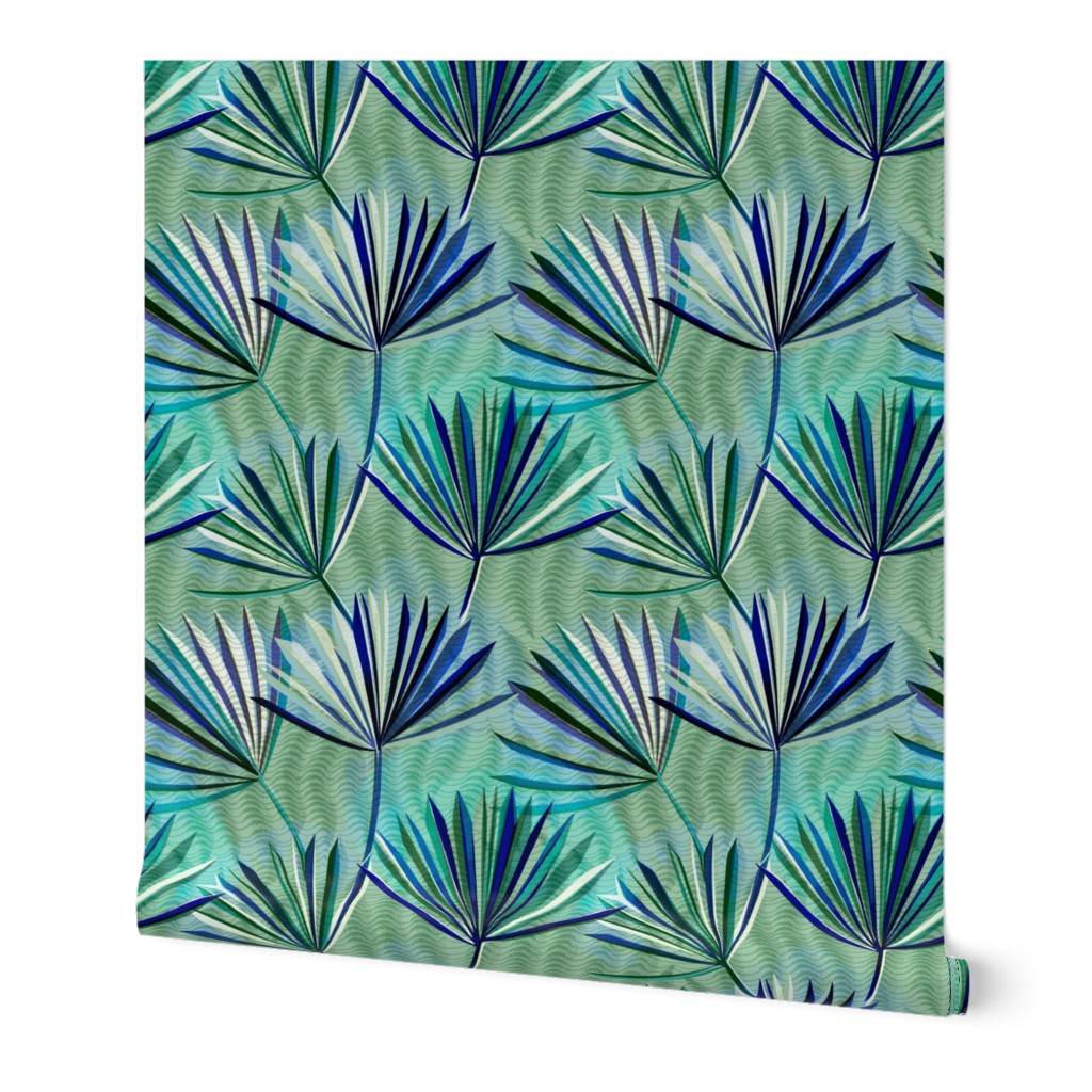 large scale Palm leaves on green / electric blue and green