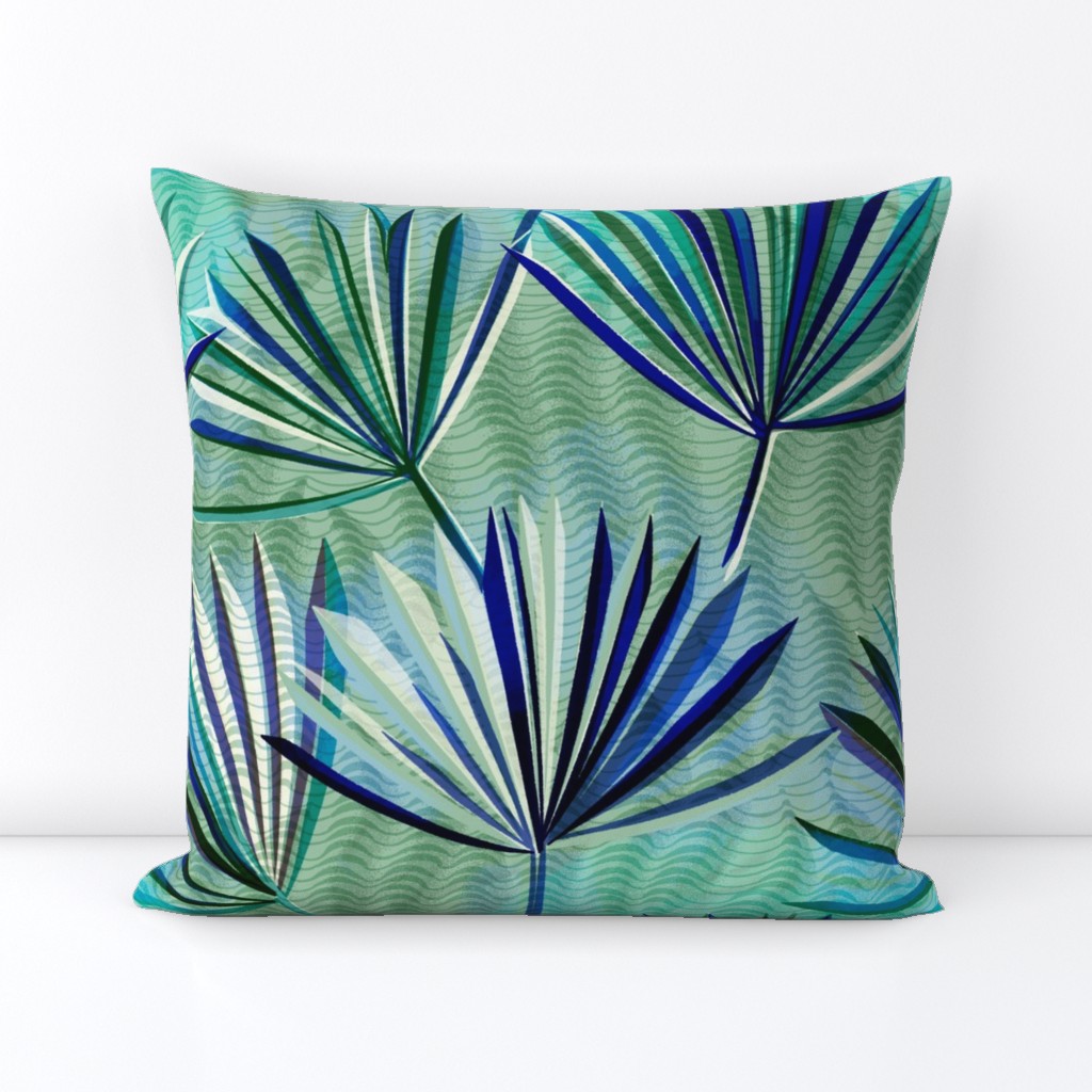 large scale Palm leaves on green / electric blue and green