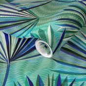 large scale Palm leaves on green / electric blue and green