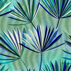 large scale Palm leaves on green / electric blue and green