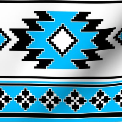 Tribal Aztec Native Ornament - Black White Sky Blue - Ethnic Amulet Boho Canvas Retro Line Pattern - Middle