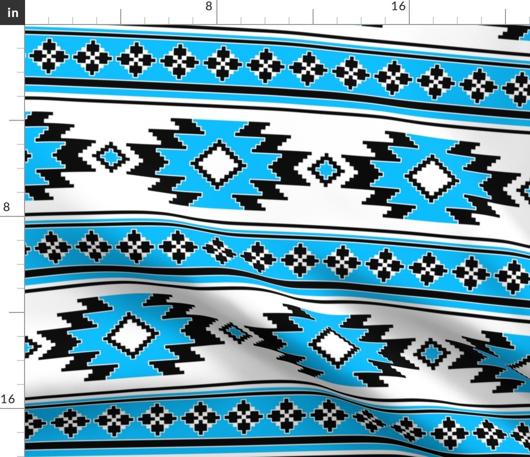 Tribal Aztec Native Ornament - Black White Sky Blue - Ethnic Amulet Boho Canvas Retro Line Pattern - Middle