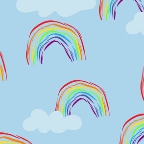 Rainbows and clouds - jumbo scale for wallpaper in bright sunshine colours, home decor and bed linen