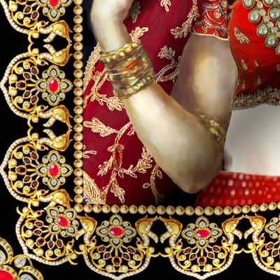 Indian bride bridal wedding lady woman south Asian Desi beautiful traditional dress cultural sari saree shari veil red gold jade ruby peacocks frame filigree diamonds pearls nose ring bracelets earrings chokers embroidery headdress necklace chains bracele