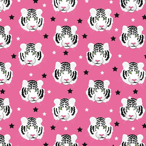 White Tiger Heads and Stars - Pink