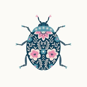 Floral Ladybug Embroidery Template - blue and pink  (for 8" Swatch)