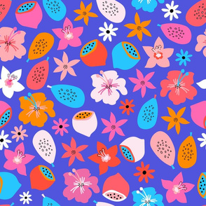 Exotic Flowers and Fruit Blue Pink