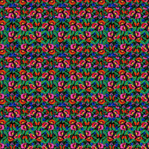 Grandmommy Flowering Bouquet - Poppy Cornflower Violet - Green Leaves - Blossom - Satin Stitch Embroidery - 2 Smaller Black
