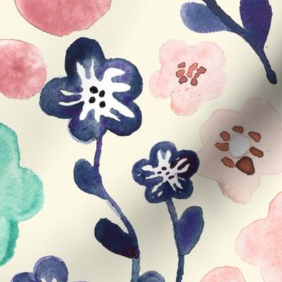 Scattered Floral in Navy, Teal & Pink - Large