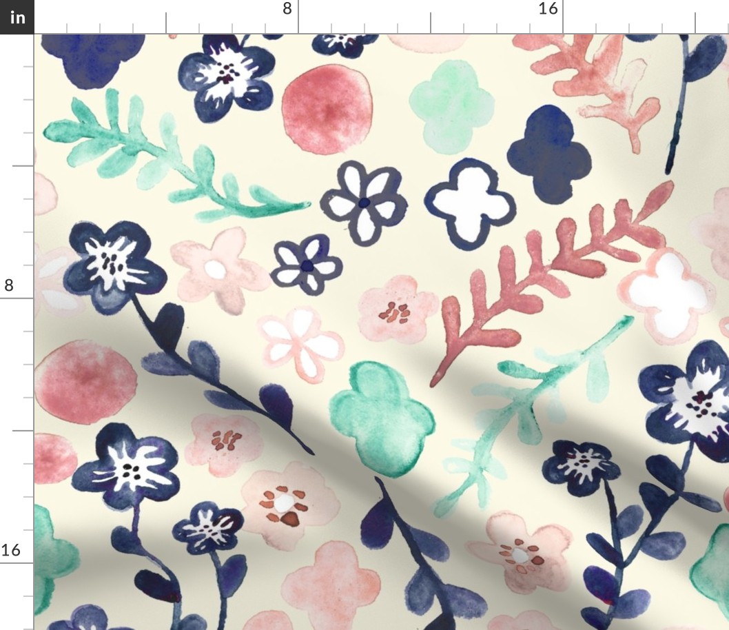 Scattered Floral in Navy, Teal & Pink - Large