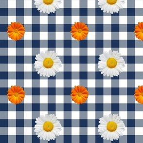 Dark blue 1-inch gingham with daisies and marigols