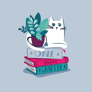 One more chapter // embroidery template // pastel blue background white cat striped mug with plants fuchsia pink teal and blue books 