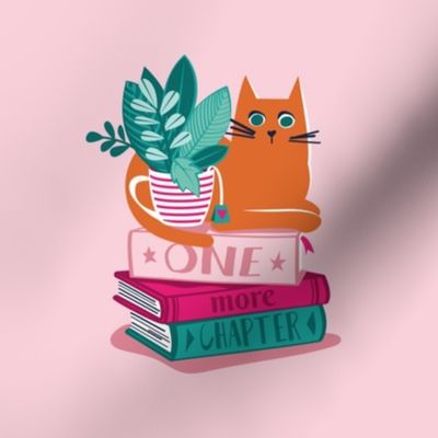 One more chapter // embroidery template // pastel pink background orange tabby cat striped mug with plants fuchsia pink and green books 