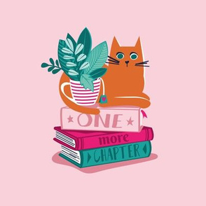 One more chapter // embroidery template // pastel pink background orange tabby cat striped mug with plants fuchsia pink and green books 