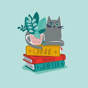 One more chapter // embroidery template // aqua background grey cat striped mug with plants red green and yellow books 