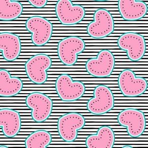 Watermelon hearts - summer fruit - pink/black stripes - LAD21